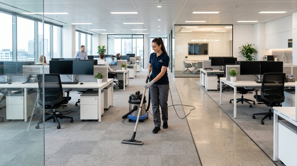 Office cleaner vacuuming carpet in a modern open-plan office with desks, computers and glass meeting rooms