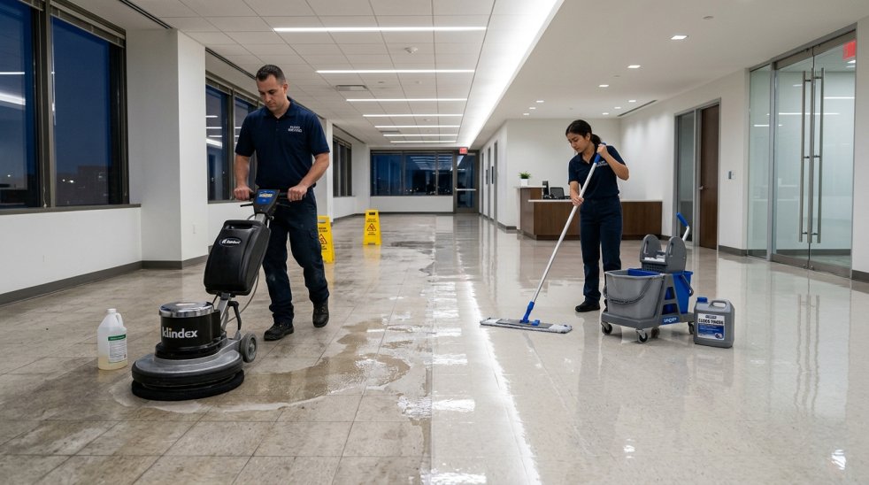 Janitorial team stripping and waxing office hallway floors with machine scrubber and mop