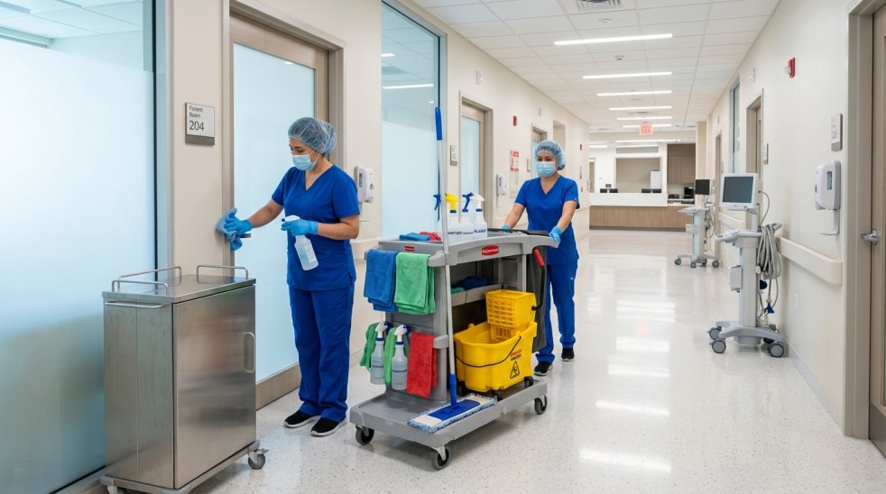 Hospital cleaning staff disinfecting patient room doors and pushing janitorial cart in medical facility hallway