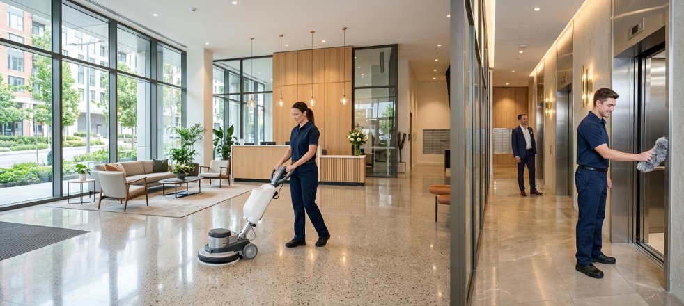Cleaning staff polishing floors and wiping elevator doors in a modern apartment building lobby