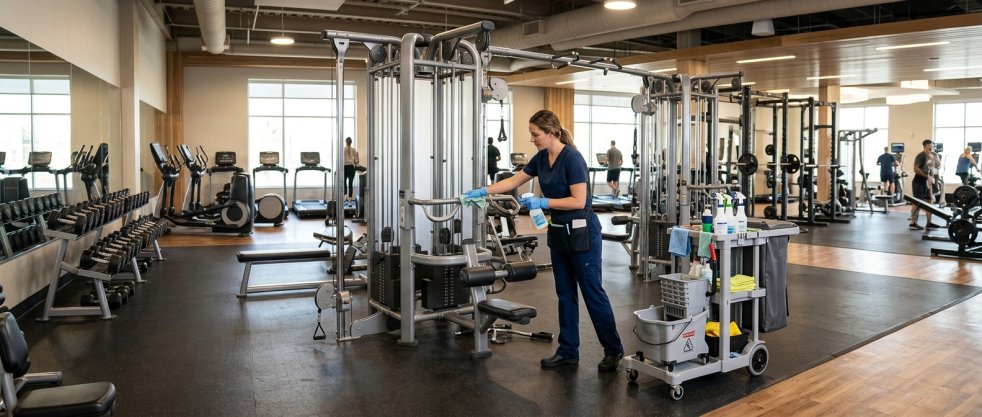 Cleaner disinfecting weight machine in fitness center with sanitizing cart and workout equipment nearby