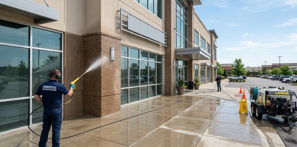 Commercial pressure washing crew cleaning storefront exterior and sidewalk outside retail building complex