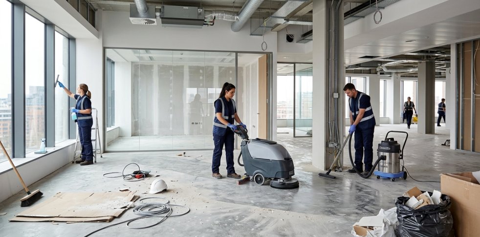 Workers cleaning a newly built office, scrubbing floors, vacuuming debris, and washing windows after construction